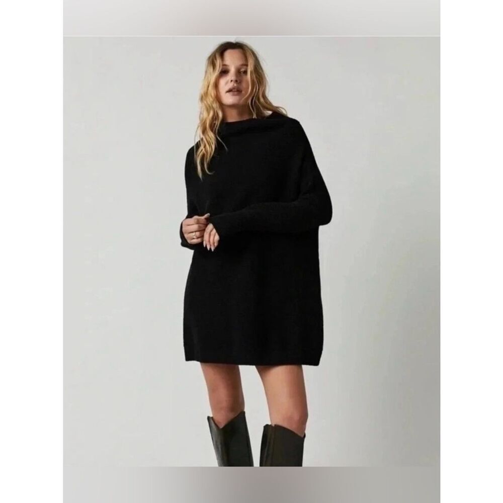Free People Ottoman Slouchy Tunic Sweater Black Oversized Cozy Size S